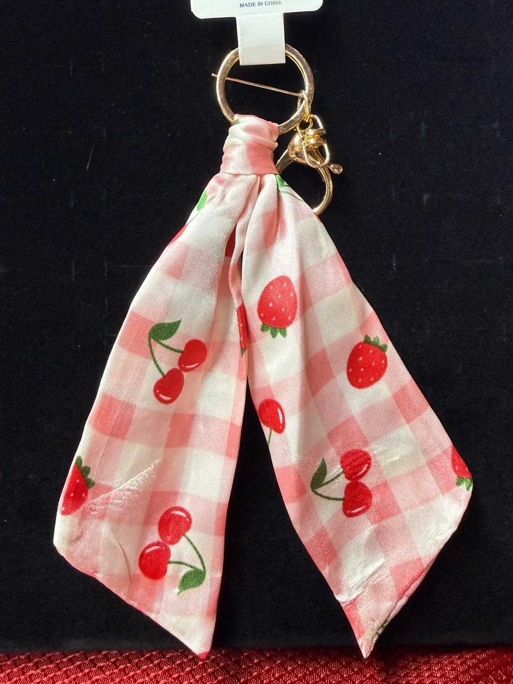 Pink Checkered Strawberry and Cherry Scarf Keyring - Bag Charm